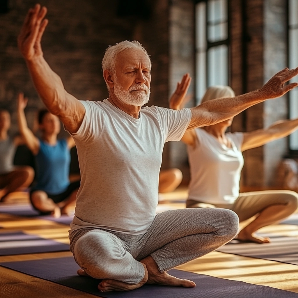 Група людей старшого віку, які практикують йогу в затишному освітленому приміщенні