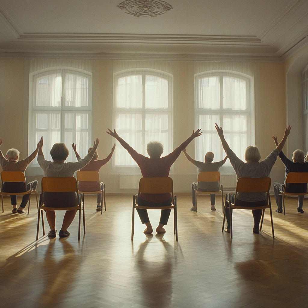 Група літніх людей, які практикують йогу на стільцях у просторому залі, освітленому природним світлом