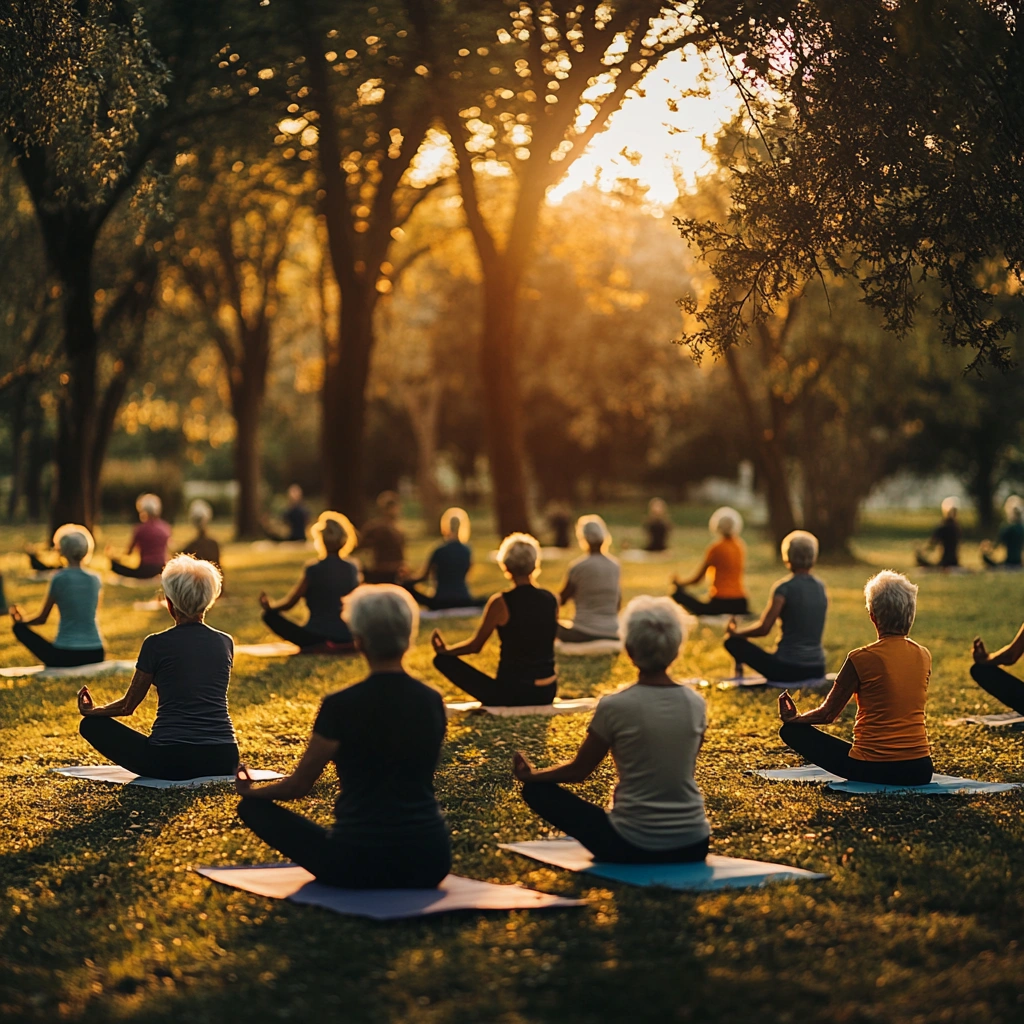 Групове заняття йогою на природі, люди старшого віку виконують синхронні пози на схід сонця