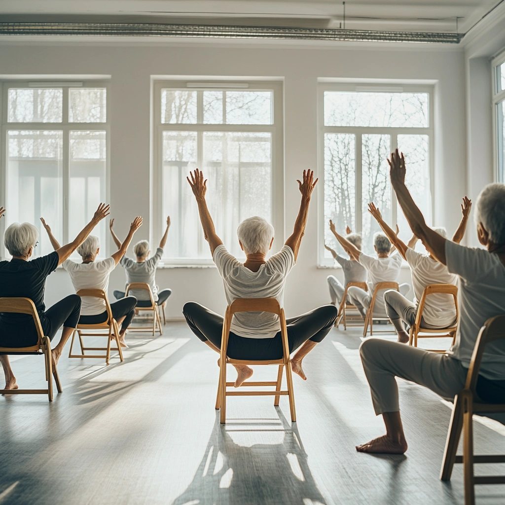 Заняття з йоги на стільцях у світлому просторі студії, люди старшого віку виконують розтяжку рук