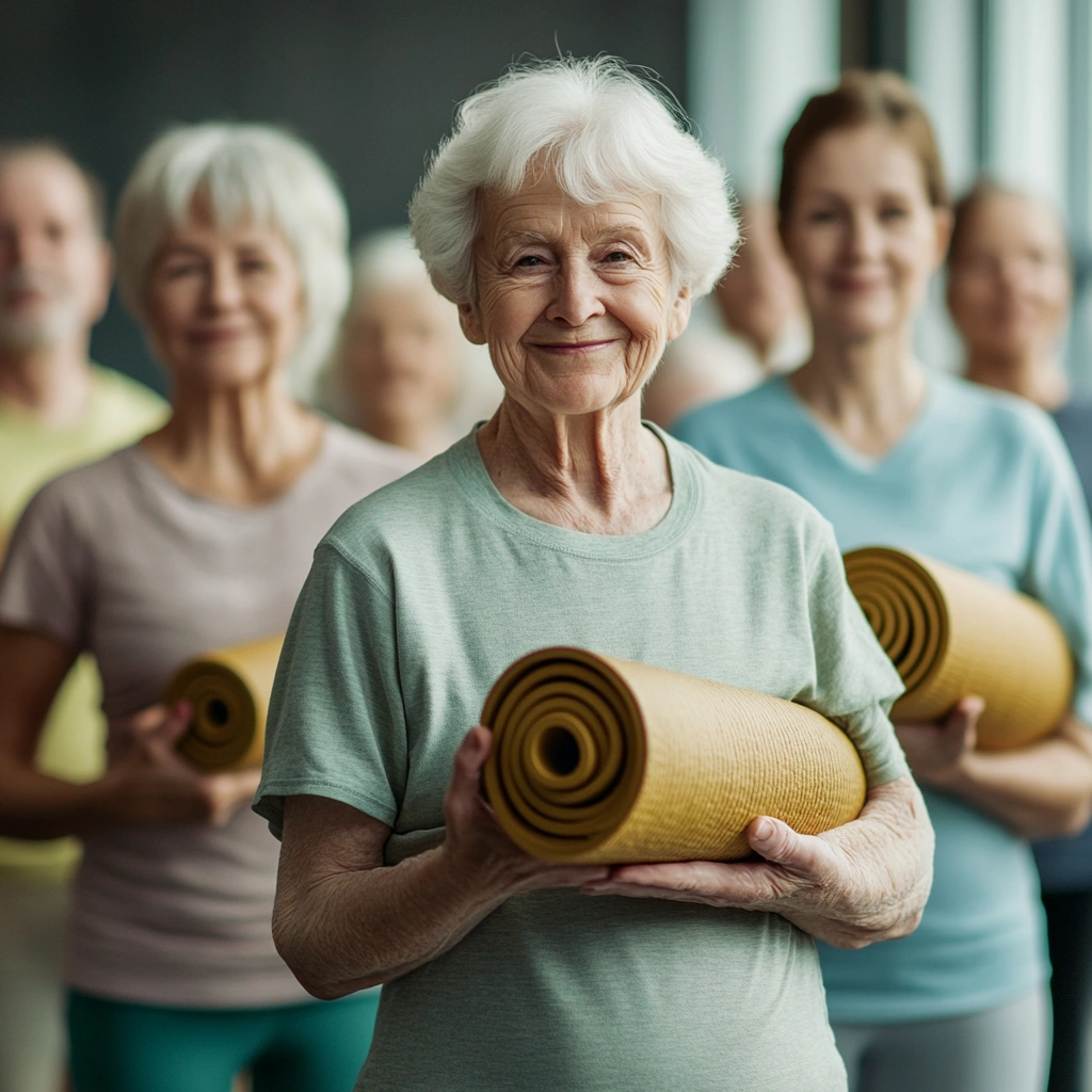 Усміхнена група людей старшого віку після заняття йогою, тримають килимки в руках