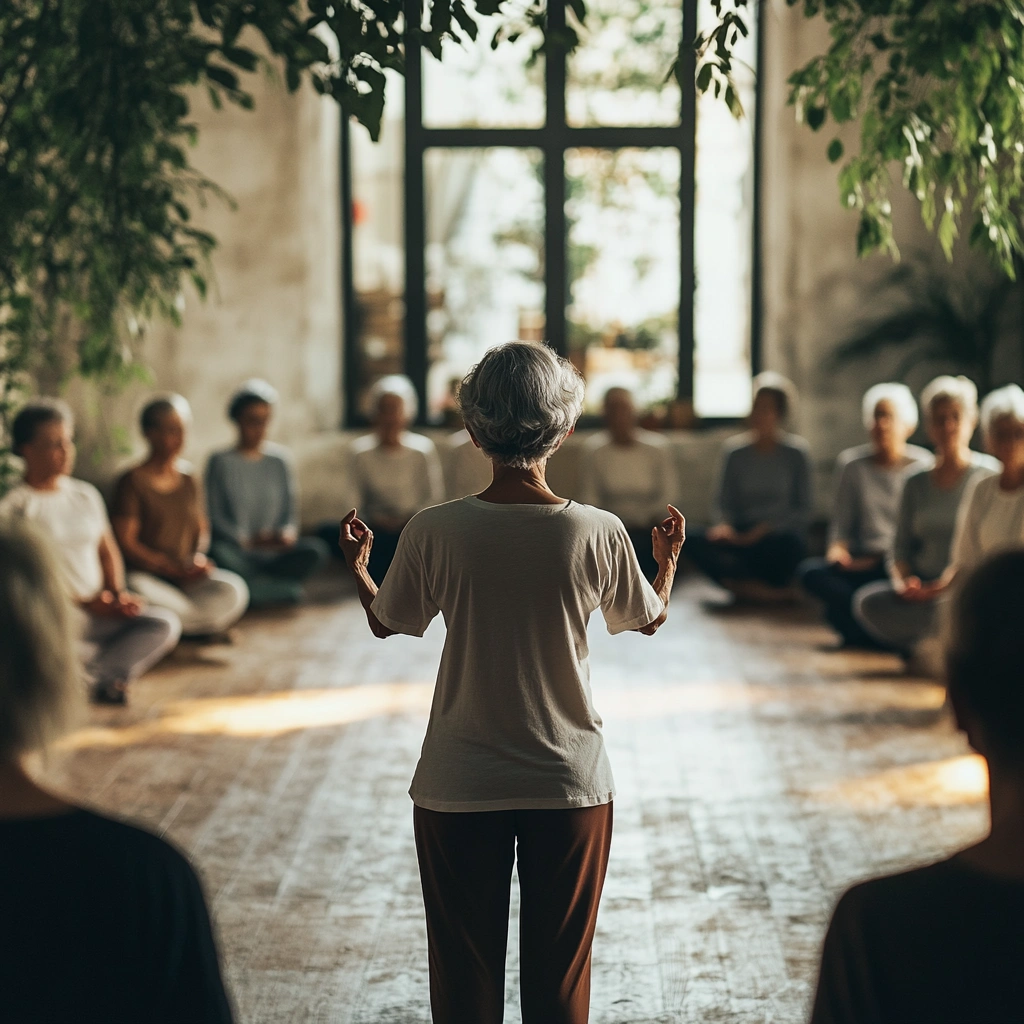 Інструктор демонструє позу стоячи для групи літніх учнів у просторому залі з дерев'яною підлогою