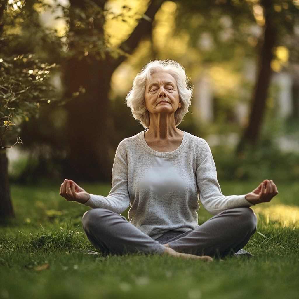 Медитативне заняття з йоги в тихому саду, учасники сидять в позі лотоса на зеленій траві