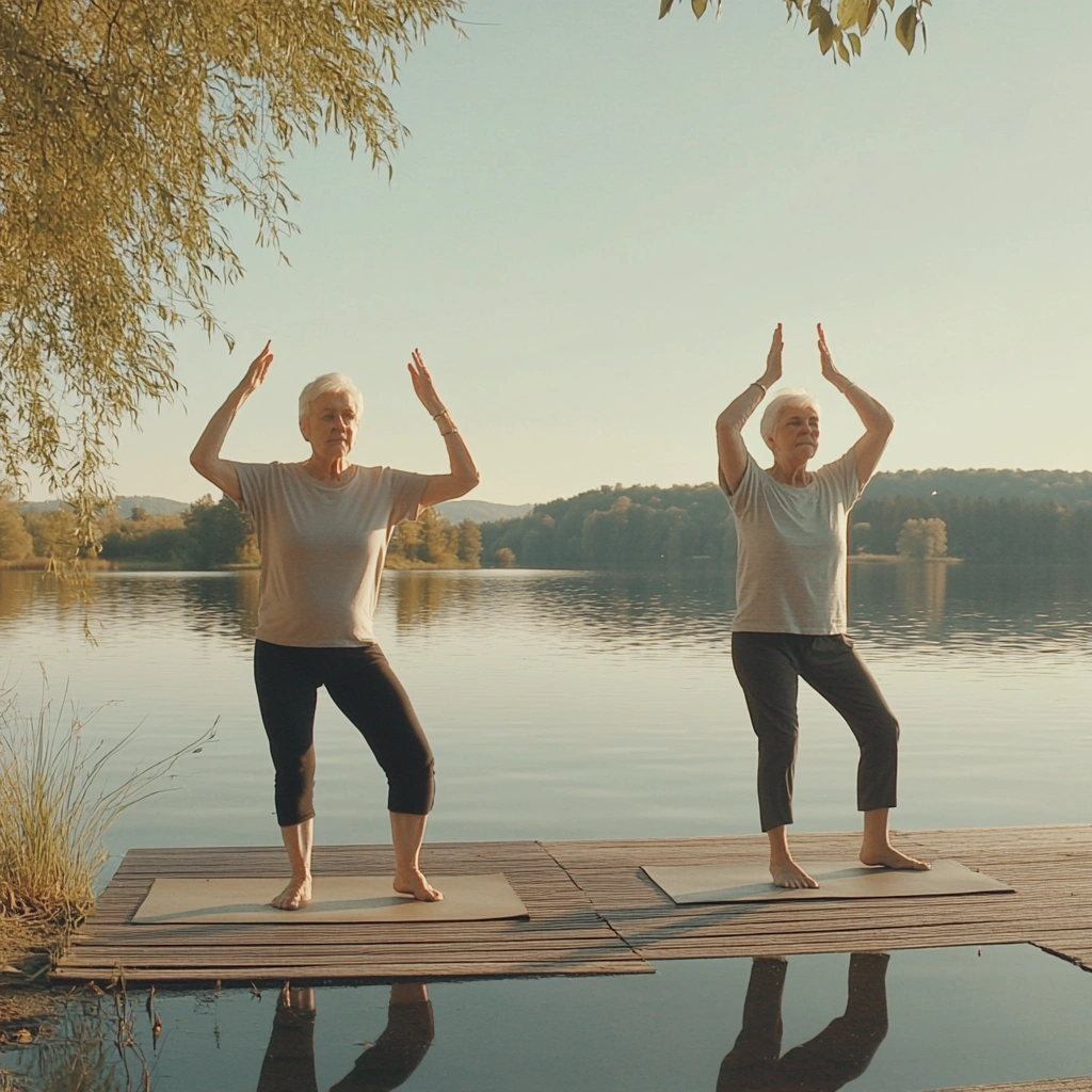 Ретрит з йоги для старшого віку біля озера, учасники практикують позу дерева