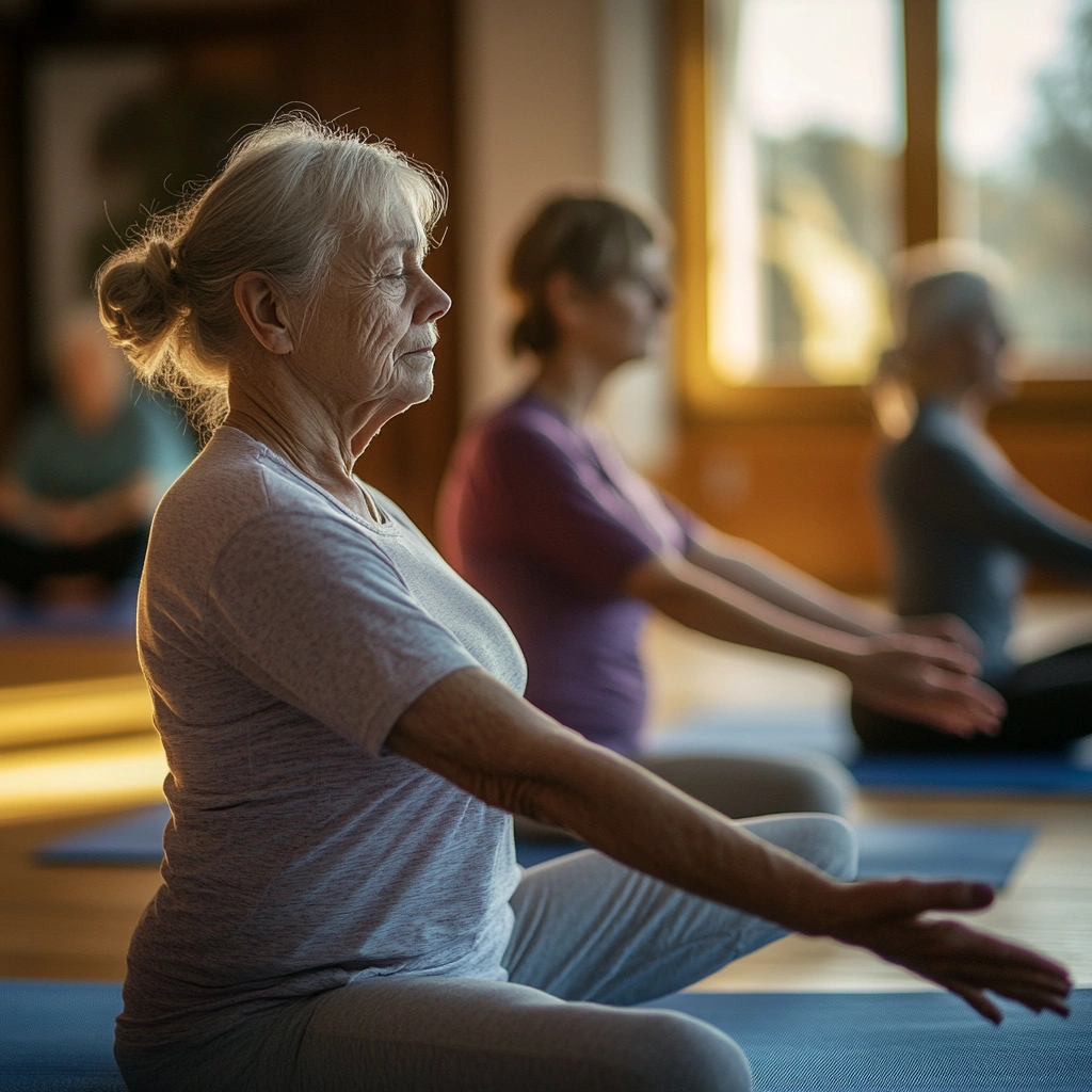 Група літніх людей, які практикують м'яку йогу в спокійному просторі зі зручними матами