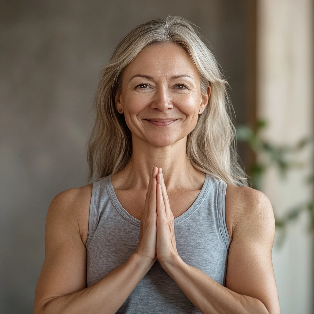 Інструктор Олена Іваненко, жінка середнього віку з доброзичливою усмішкою, демонструє позу йоги