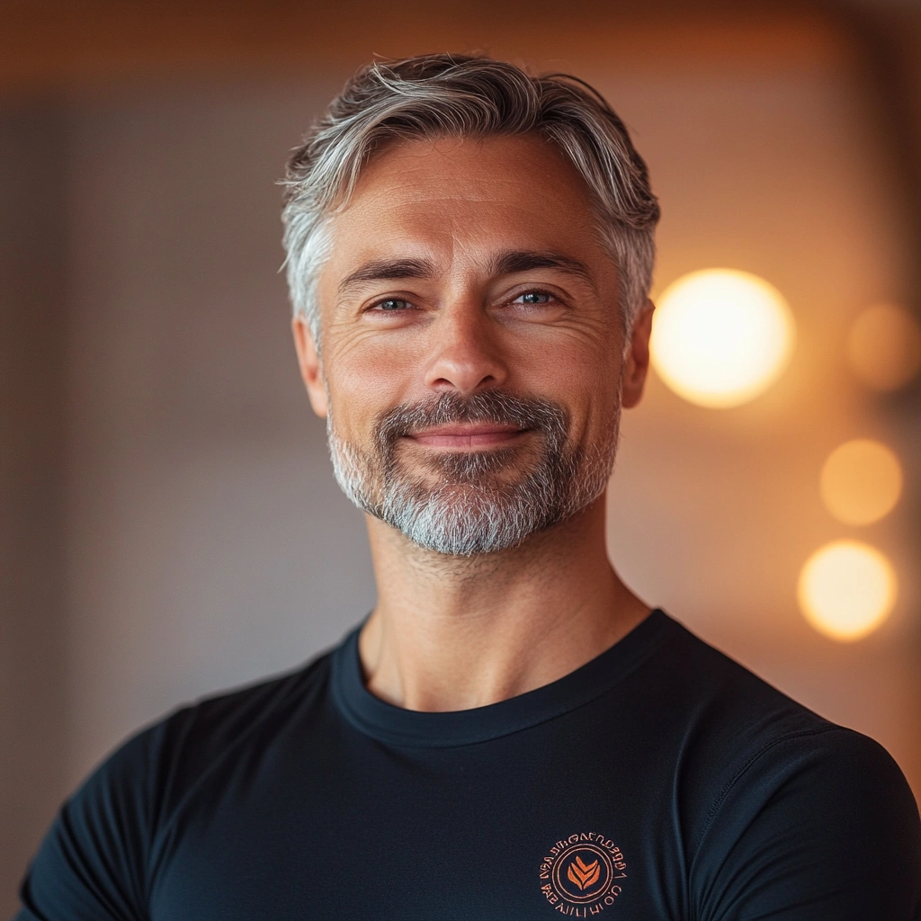 Інструктор Михайло Петренко, приємний чоловік у футболці з логотипом студії в розслабленій позі йоги