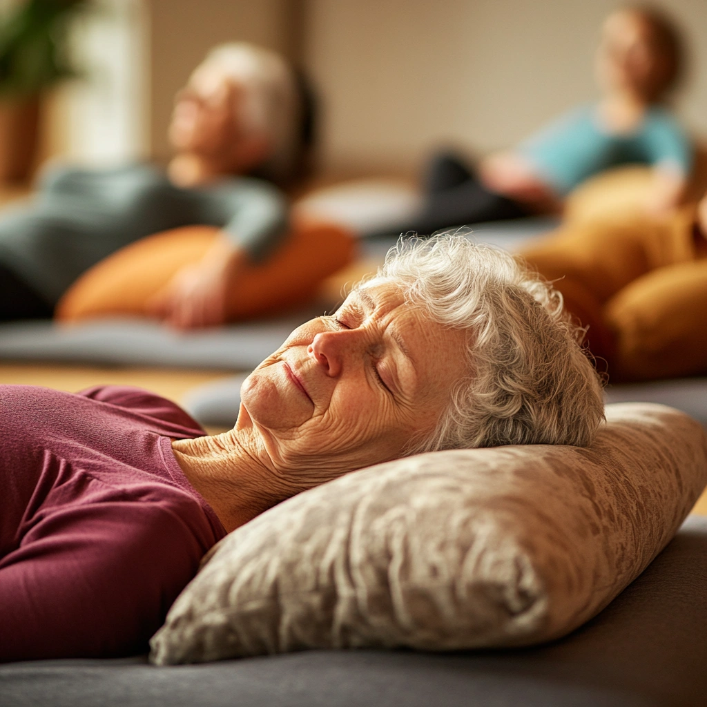 Літні люди практикують відновлювальну йогу в теплому освітленні з використанням подушок та ковдр для підтримки